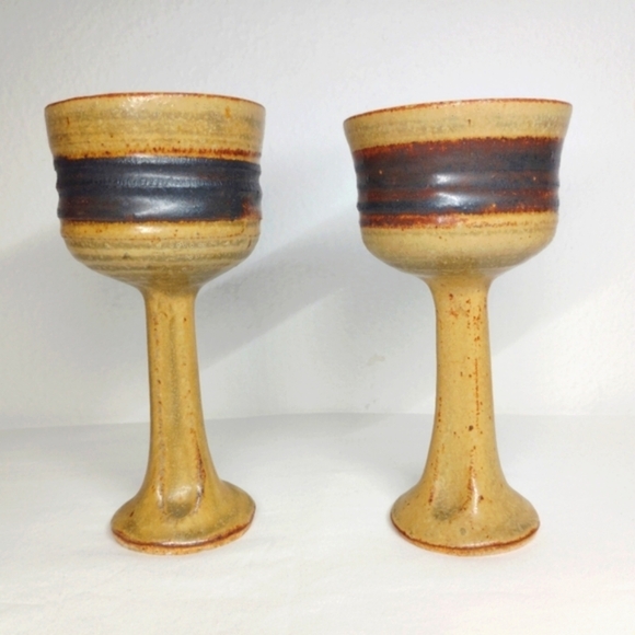 Marj Peeler Pottery Wine Goblet Clay Chalice Earthenware Vintage Folk Art Pair 2 - Picture 1 of 13